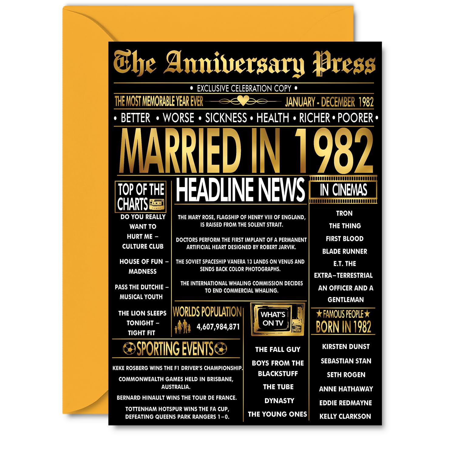Gold 44th Anniversary Card for Men Women - Golden Newspaper Married in 1982-44 Year Wedding Anniversary Card for Partner Wife Companion Husband, A5 Anniversaries Greeting Cards