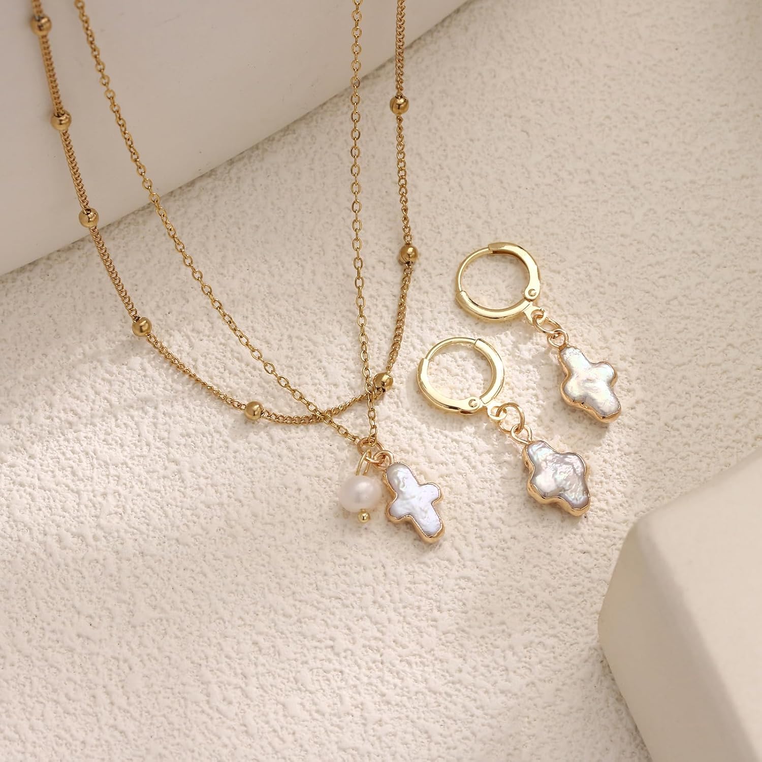 Nature Freshwater Pearl Cross Necklace Earring for Women, Gold Baroque Pearl Cross Dainty Layered Necklaces Jewelry Set Gift - Image 2