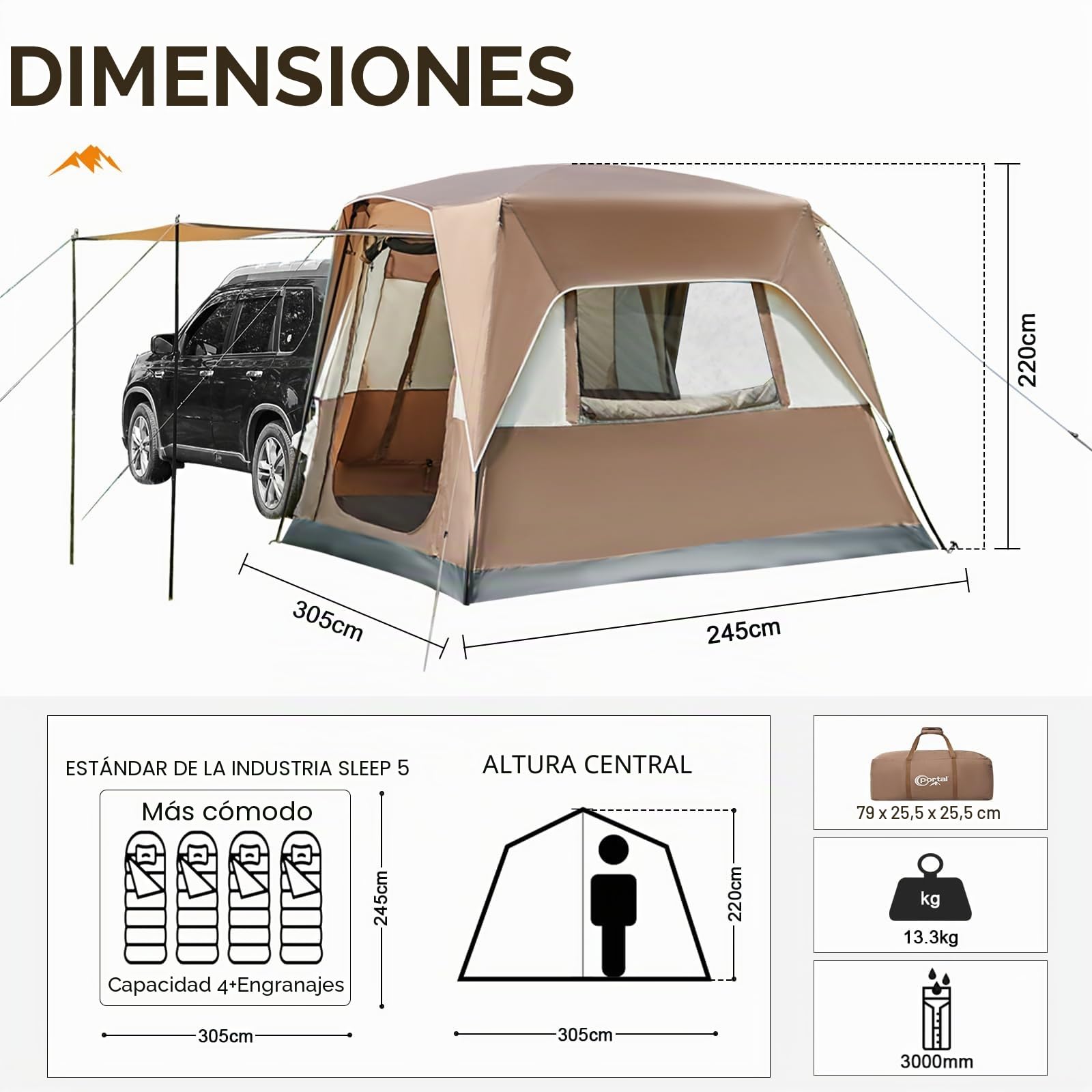 Portal tienda SUV para 5 personas con porche, campaña 2 en 1 resistente al agua y al viento, campaña con 2 puertas para viajes y aventuras al aire libre