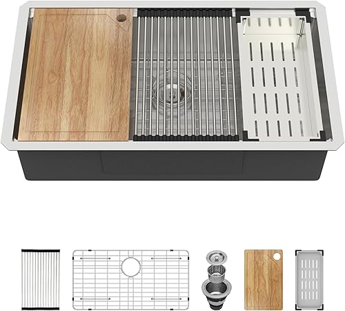 Oumuch - Fregadero de cocina de acero inoxidable de 32 x 19 pulgadas, calibre 18, fregadero de cocina profundo de un solo tazón