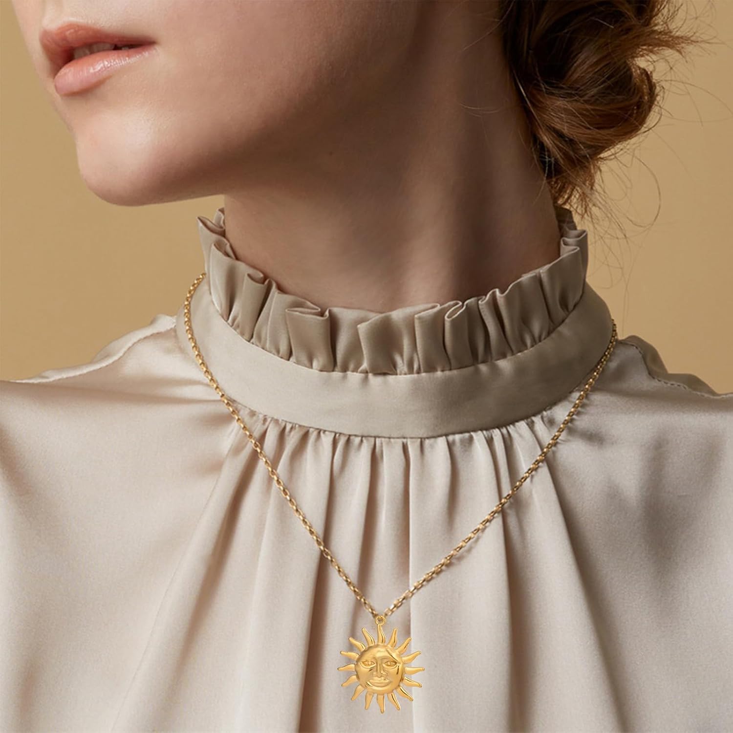 Chunky Gold Sun Pendant Necklace Stainless Steel Sunburst Sunshine Necklace Sunlight Sunrise Sun Bubble Necklaces Puffy for Women Summer Beach Jewelry - Image 3