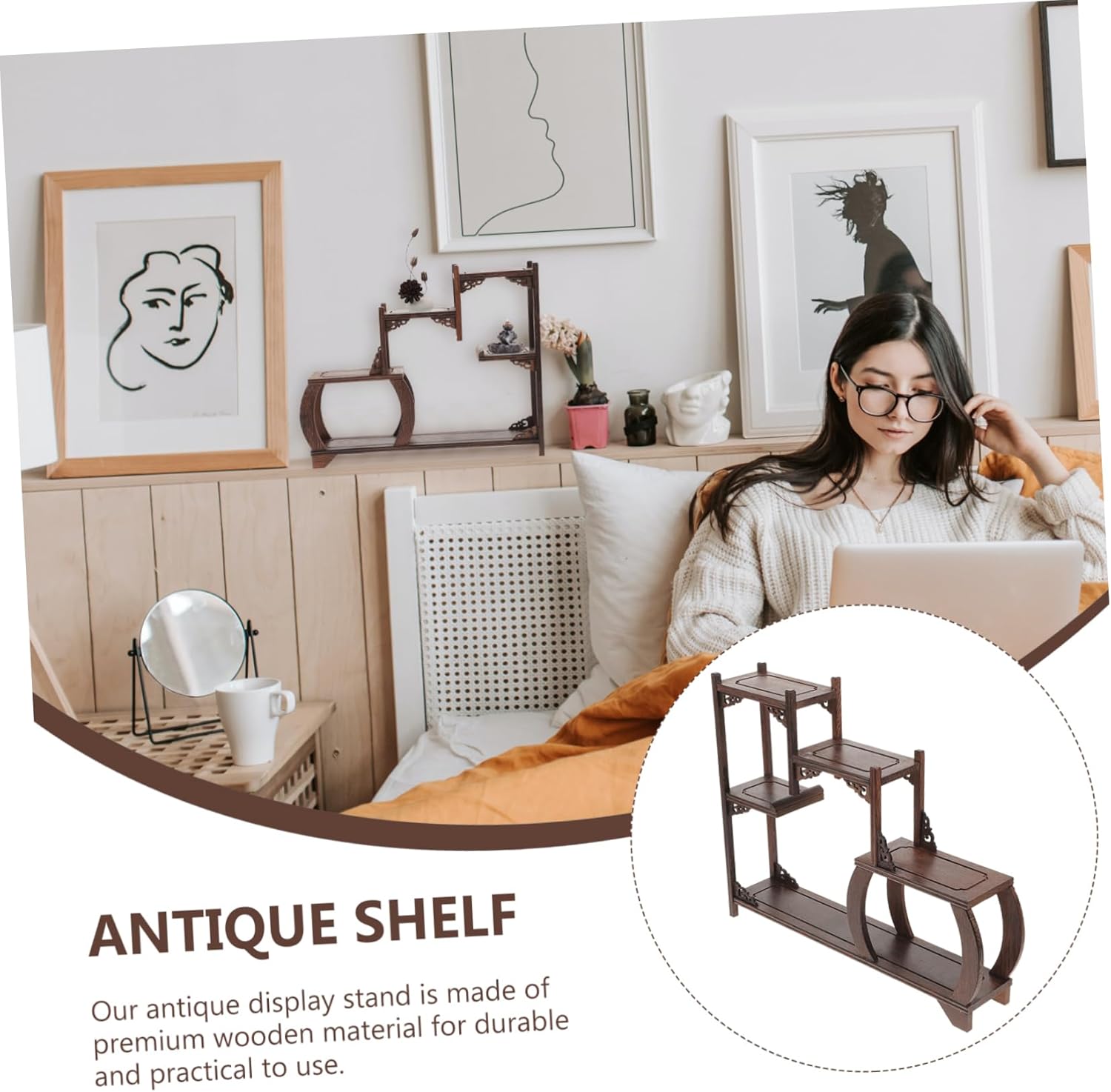 Wooden Curio Display Stand Decorative Shelf Solid Wood Antique Holder for Home Decor Multi-functional Storage Rack for Teapots Vases and Collectibles