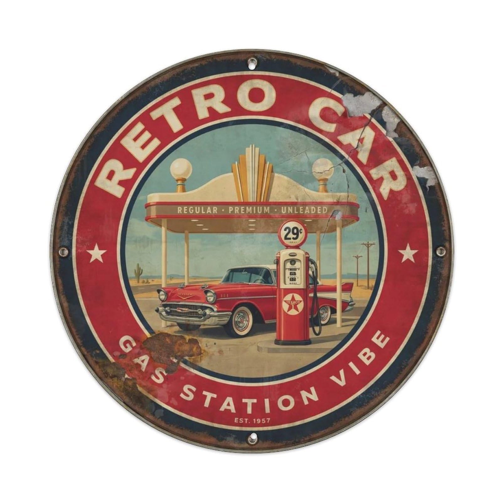 Retro Car Gas Station Vibe. Metal Tin Sign Plaque