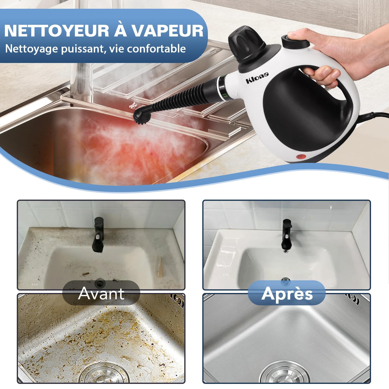 KLONA Nettoyeur Vapeur Portable, 1050W, Nettoyage Haute Température | pour Tapis, Rideaux, Canapés, Cuisine, Salle de Bain | Sans Chimie | Serrure de Sécurité | avec 10 Accessoires