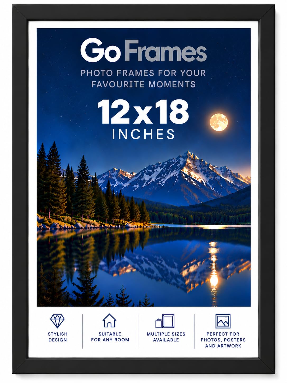 Go Frames Black 12 x 18 Inch (30.5 x 45.7 CM) Picture Frame with Plexiglass Front, Engineered Wood Photo & Poster Frame for Photos, Prints & Artwork, Portrait or Landscape Wall Display