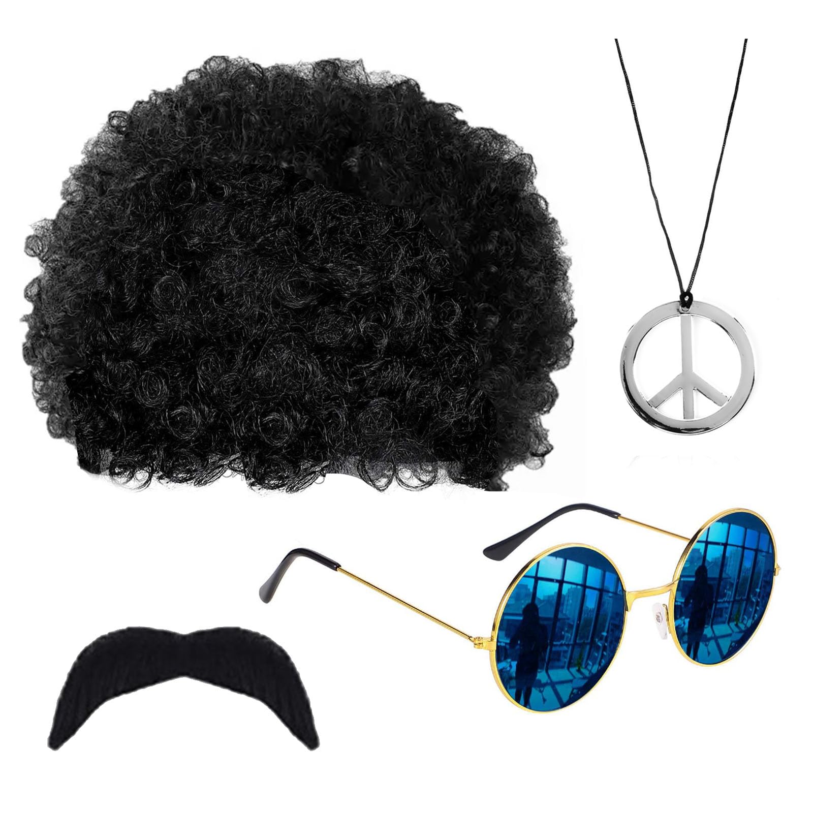 GWAWG 4Pcs Retro Hippie Costume Set, 60s 70s Disco Fever Accessories, Afro Wig, Sunglasses, Peace Sign Necklace & Moustache