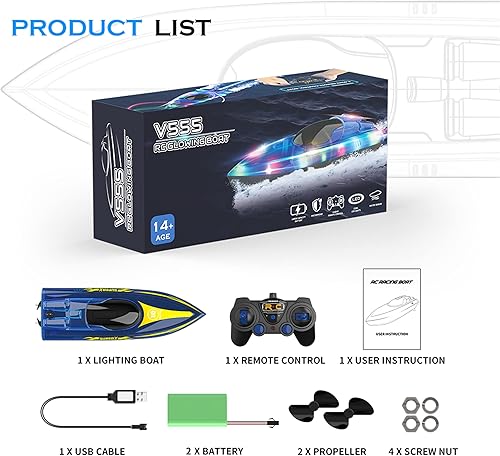 Miniatura 6 de Barco a control remoto con LED – Barco a control remoto para piscinas y lagos 2.4 GHZ RC barcos con 2 baterías recargables todo el cuerpo