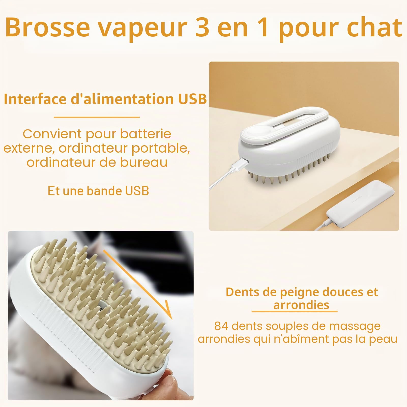 Brosse à vapeur pour chats et chiens 3 en 1, brosse électrique pour peigne de massage pour animaux domestiques, peigne avec essence leave-in pour massage, soin et épilation