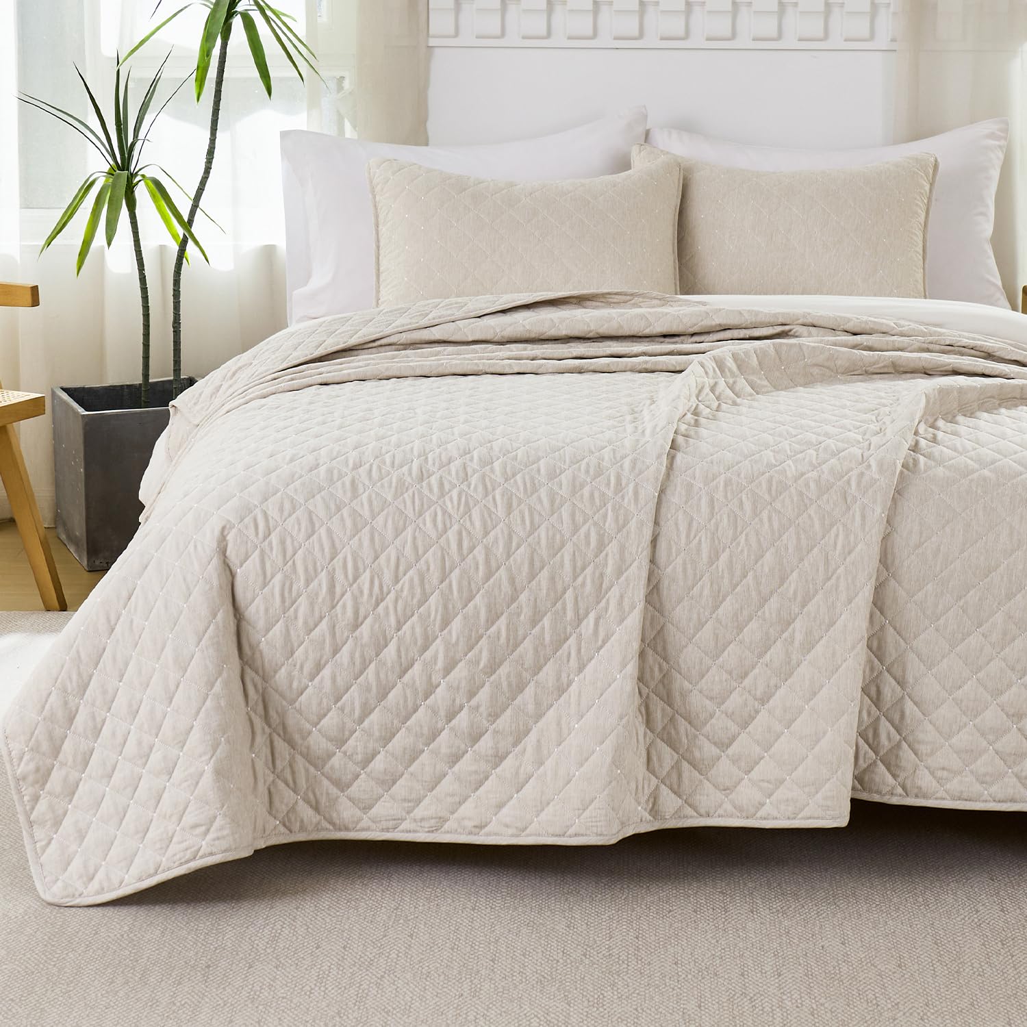 Queen Quilt Set - Beige Soft Bedspread for All Seasons, Cationic Dyeing Coverlets Set, 3…