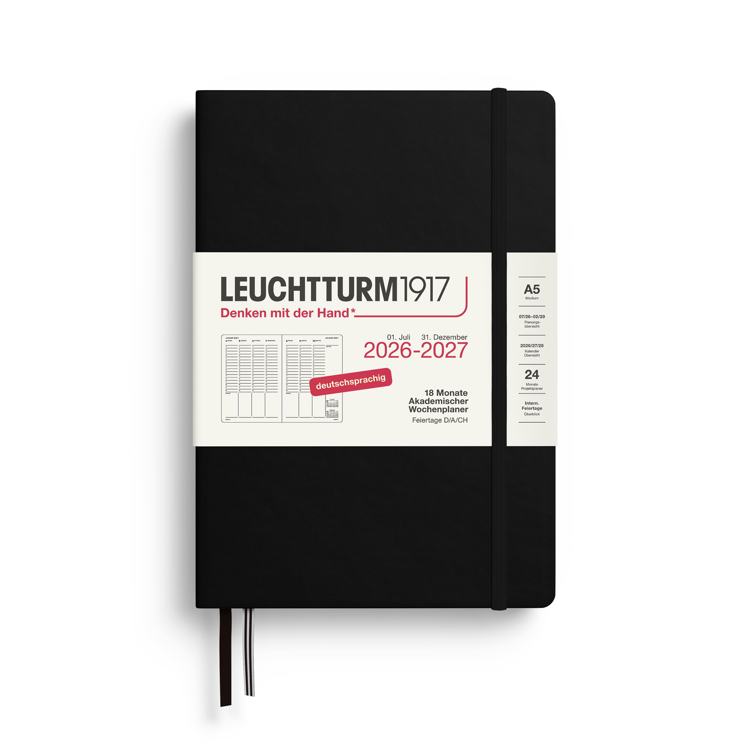 LEUCHTTURM1917 Wochenplaner A5 – 18 Monate Juni 2026 bis Dezember 2027, Deutsch, Schwarz, Hardcover