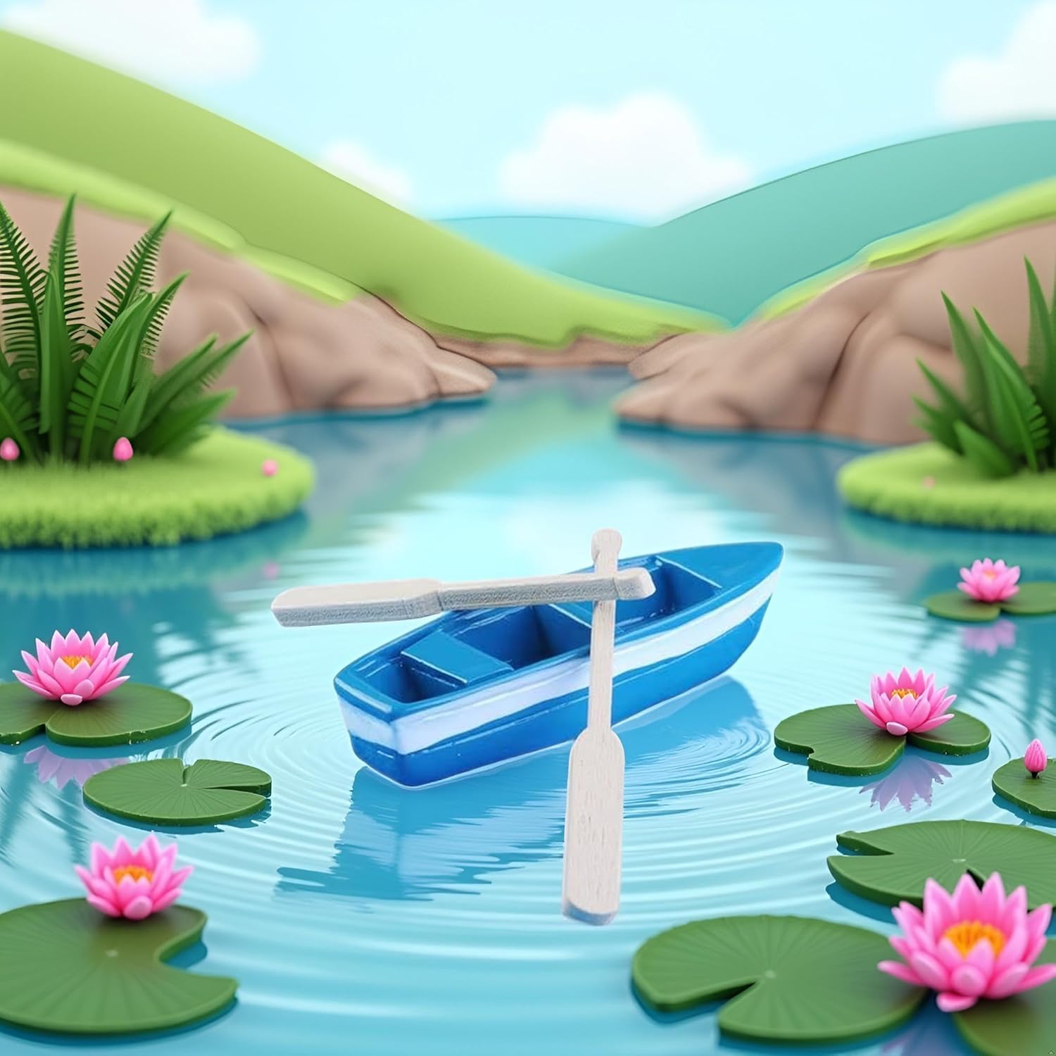Lovely Miniature Blue Rowboat Little Plastic Boat Canoe Model with Oars for Miniature Gardens Doll House Cake Topper Decoration - Image 4