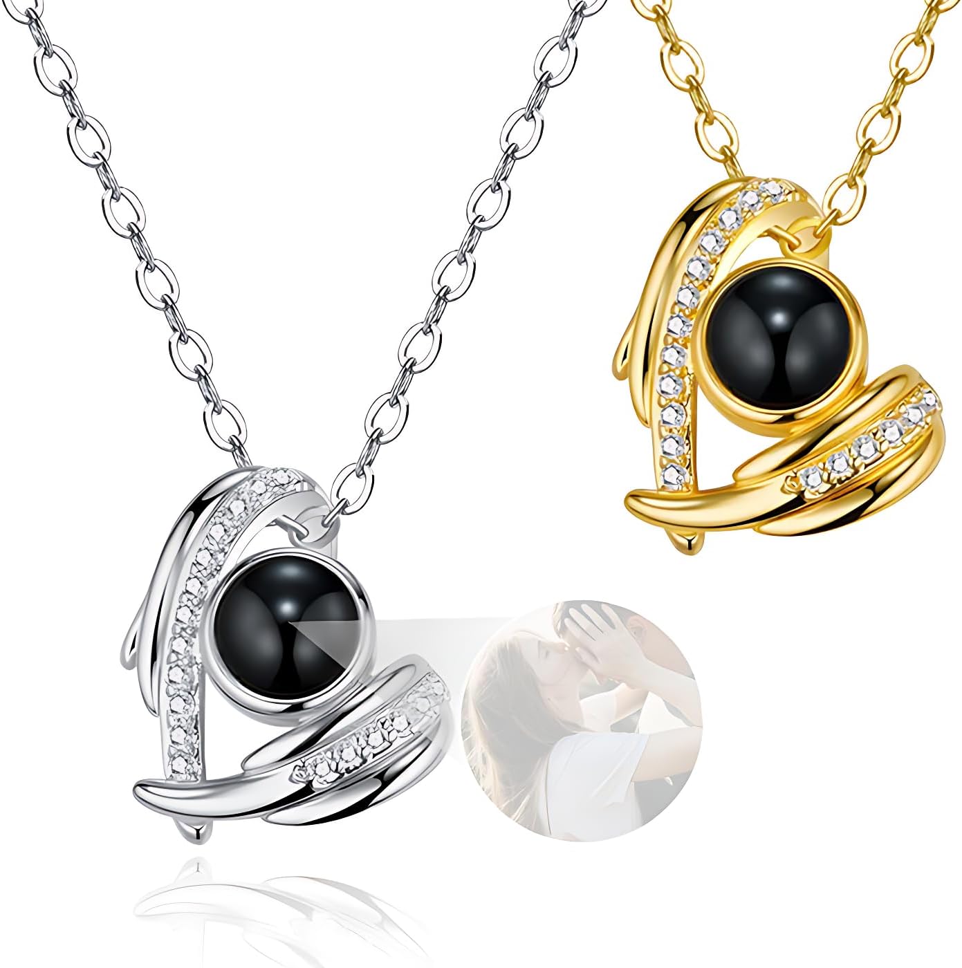 Angel Wings Custom Photo Projection Necklace Sterling Silver Personalized Hidden Picture Pendant for Women Rose Gold Silver Angel Wing Couple’s Memorial Keepsake Unique Birthday Valentine’s Day Gift