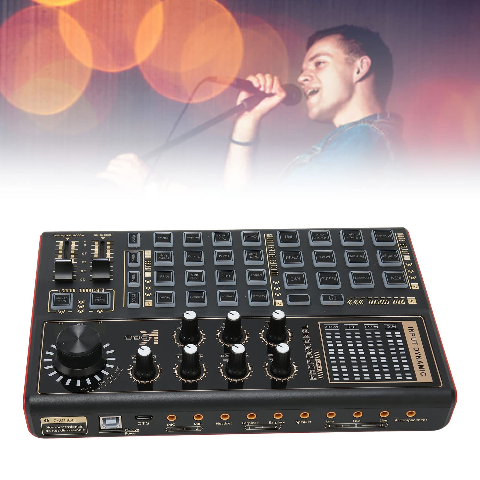 Sound Mixer Board, Bunte Licht Voice Changer Soundkarte, Audio Mixer Sound Mixing DJ Konsole 12 Modi 16 Soundeffekte für Musik Karaoke Singen (Schwarz)