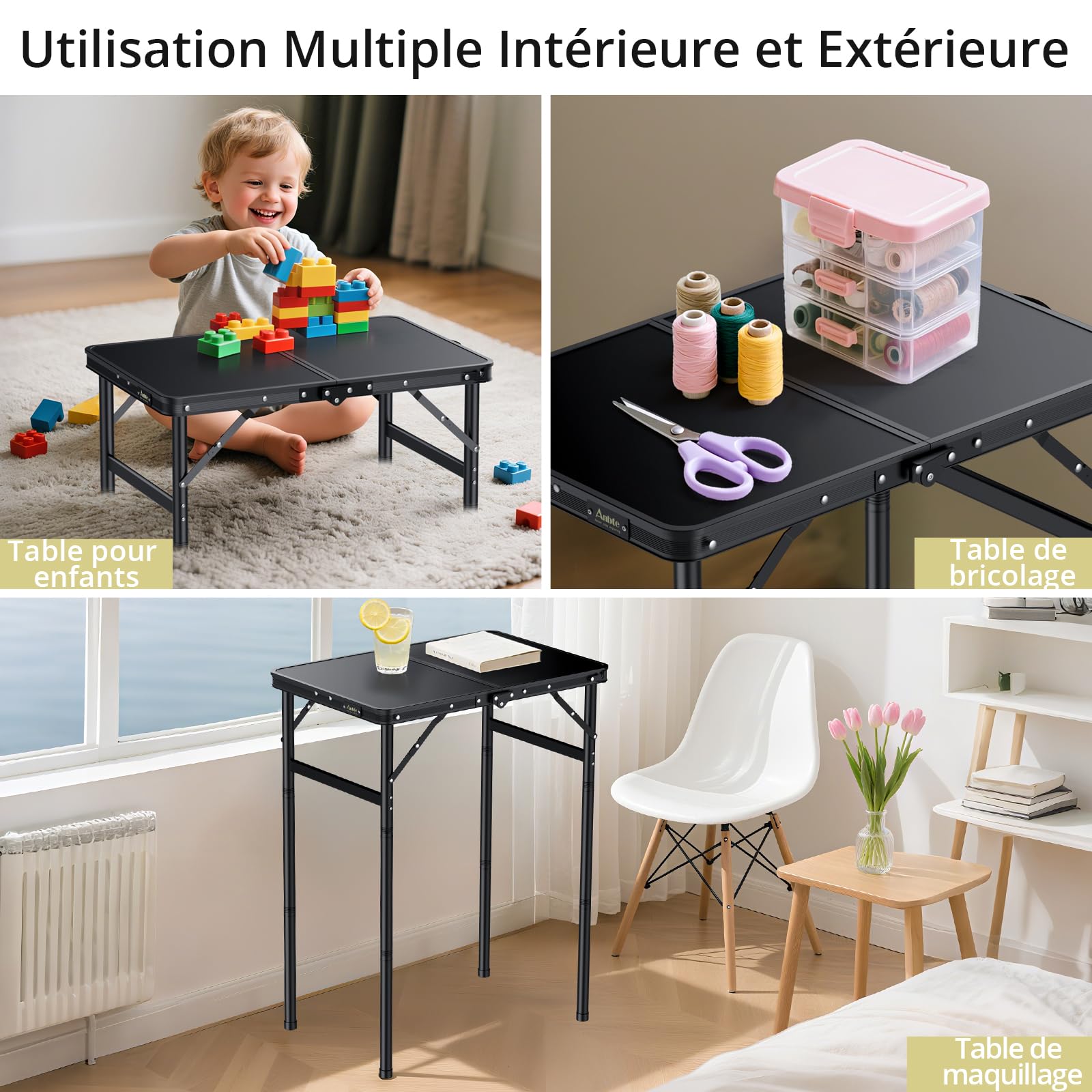 Anbte Table de Camping Pliante 60x40x27/51/74 cm en Aluminium, Noir | Table Pique-Nique avec Filet de Rangement, Légère et Portable avec Plateau en MDF pour Extérieur/Intérieur, Plage, Camping