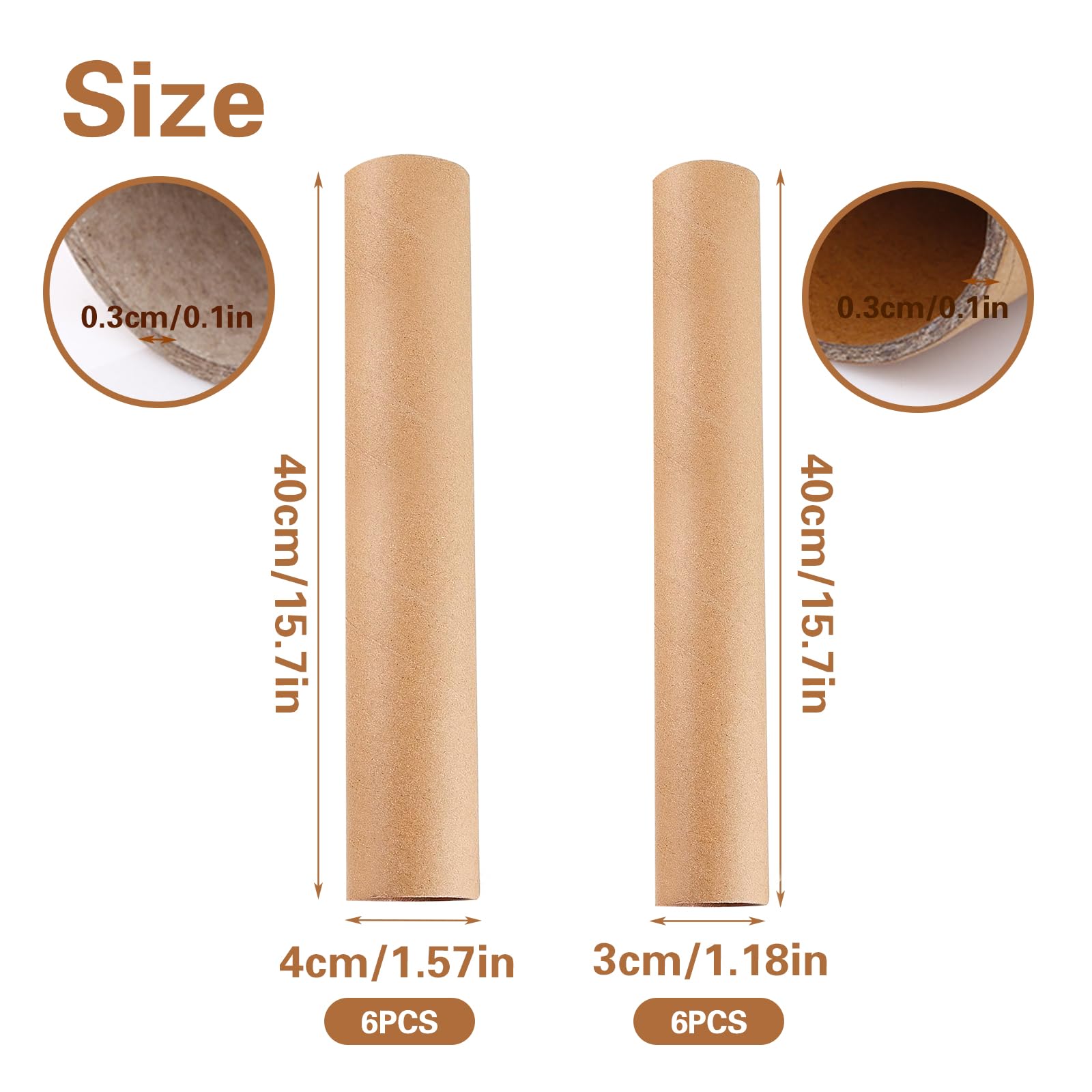 Hiyoo 12 PCS Cardboard Tubes for Crafts, Two Size Brown Toilet Paper Empty Rolls Round Thick Tubes for Classroom Family Handmade DIY Art Projects, 1.37x15.7 Inch and 1.77x15.7 Inch