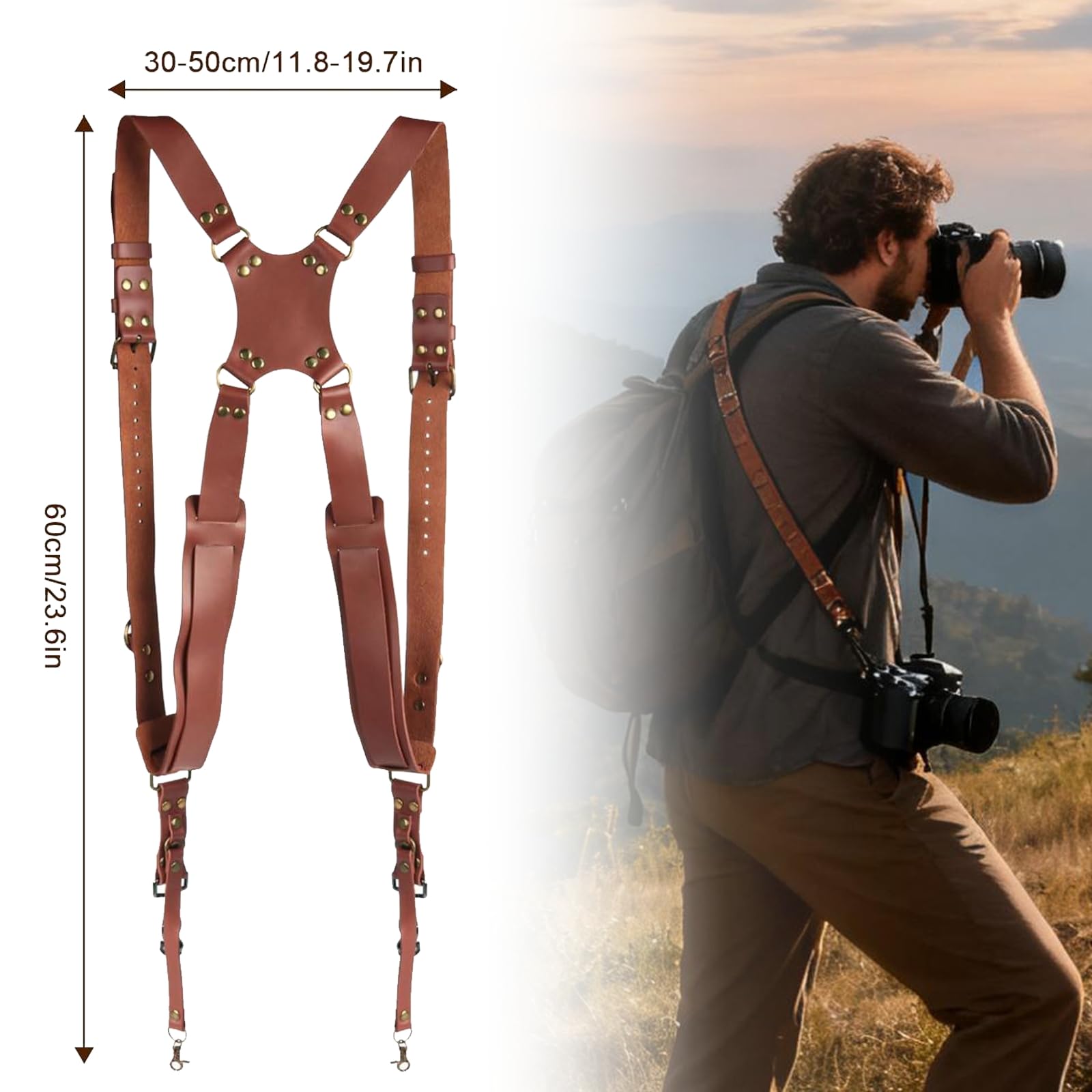 Imbracatura per fotocamera, doppia fotocamera per fotografi, tracolla in pelle per due fotocamere per DSLR/SLR