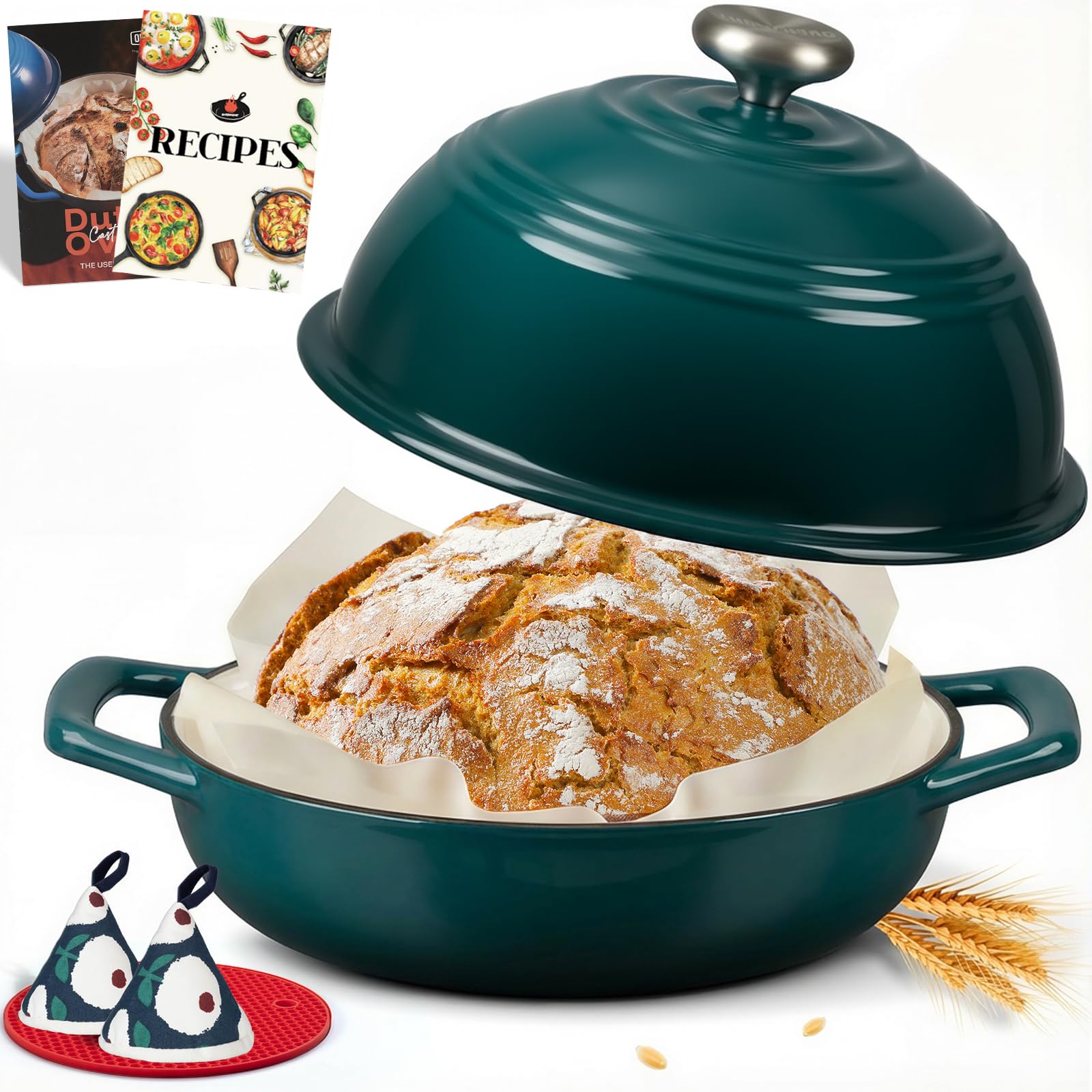 Overmont 26cm Enamelled Cast Iron Bread Oven, 6QT Dutch Oven Pot for Sourdough Bread Baking, Cast Iron Bread Pot with Dome Lid, Cotton Potholders & Cookbook,Bottle green