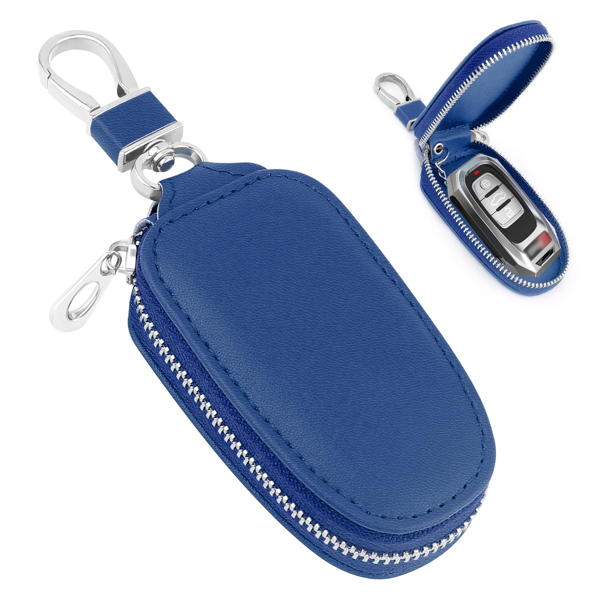 Stylish PU Leather Car Key Fob Protector with Zipper & Keychain,Universal Car Key Case Car Key Holder for SUV Truck (Blue)