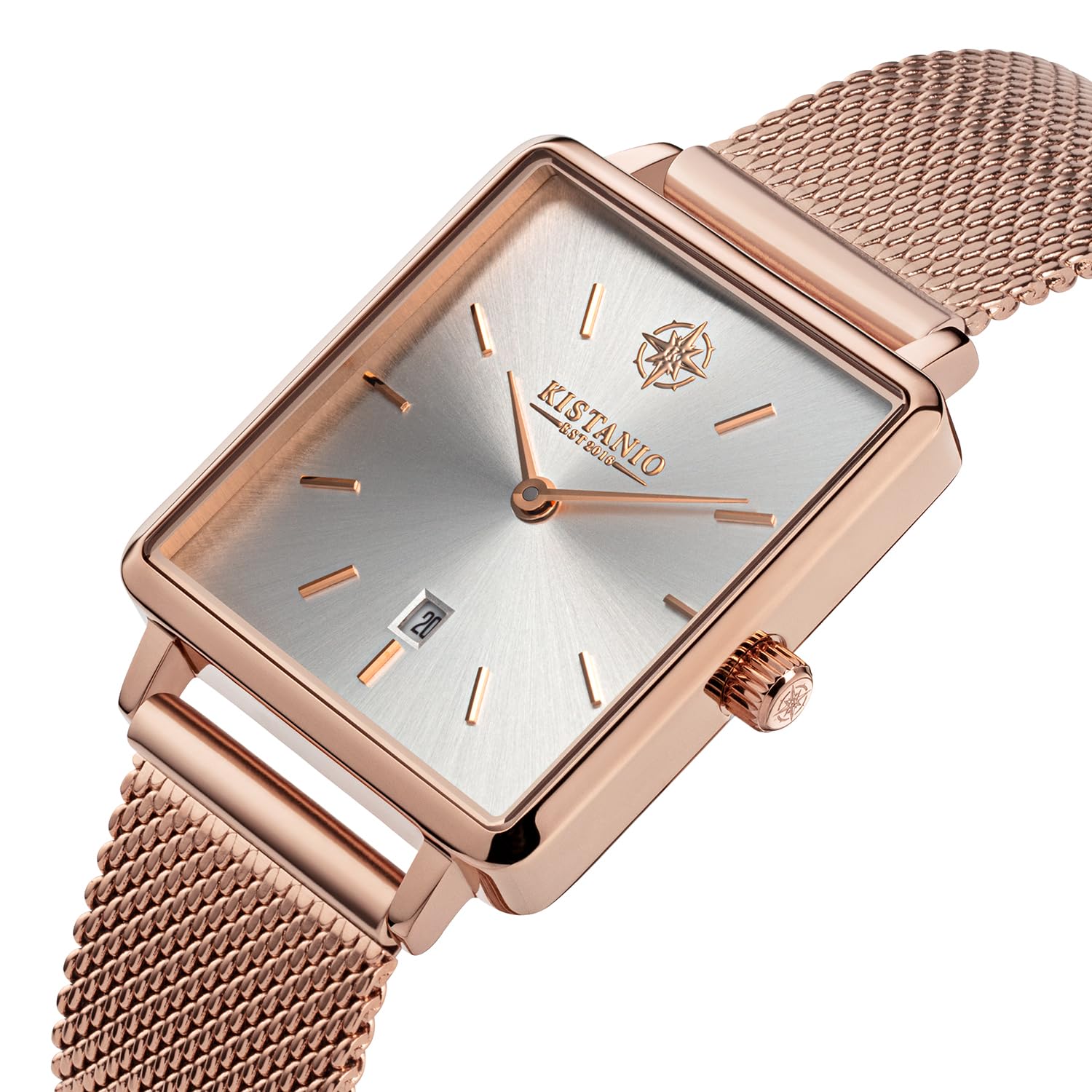 Carré - Reloj plano para mujer con banda de malla de cristal de zafiro rectangular de acero inoxidable con fecha diferentes variaciones