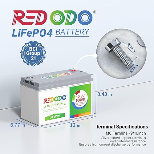 Miniatura 7 de Redodo Batería LiFePO4 de 12.8 V 100 Ah con cargador de batería de litio de 14.6 V 10 A; BMS de 100 A integrado, 10 horas de carga rápida y