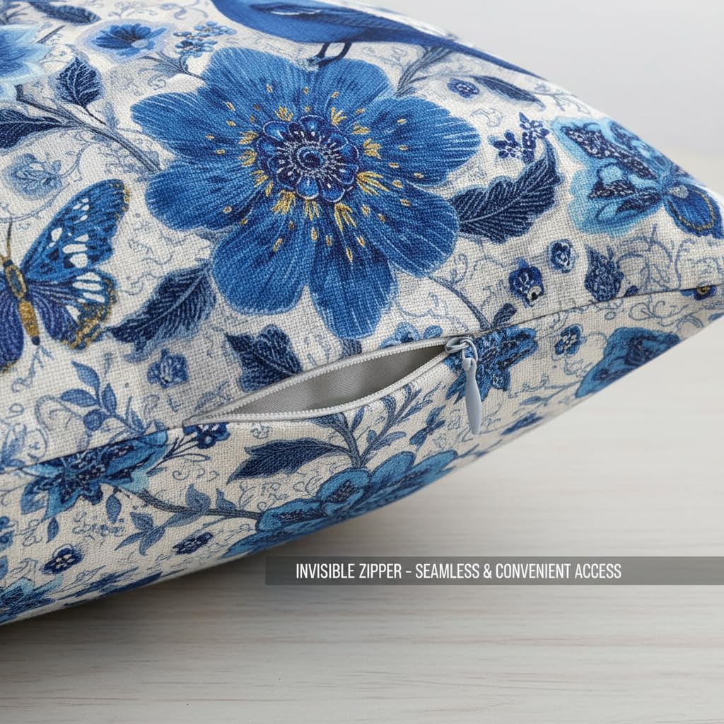 Blue Pillow Covers 18x18 Floral Throw Pillow Covers Contton Linen Pillow Covers for Couch Bed Home Outdoor Decor(Set of 4)