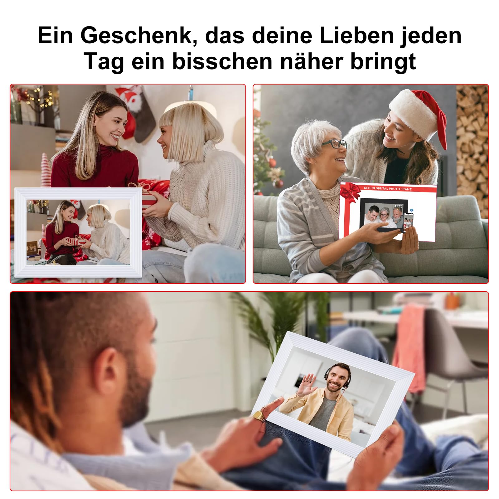 Digitaler Bilderrahmen Groß, Frameo Digital Photo Frame HD IPS Touchscreen - 10,1 Zoll, Elektronischer Bilderrahmen mit WLAN, 32GB, Auto Drehung, Wandmontierbar, Fotos/Videos teilen - Weiß