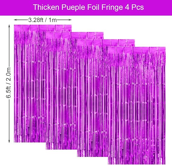 4 Pack Purple Thicken Foil Fringe Curtains Decorations 3.2x6.5ft, Photo Backdrop for Birthday Bachelorette Bridal Shower Baby Shower Graduation Party, Party Streams Decor