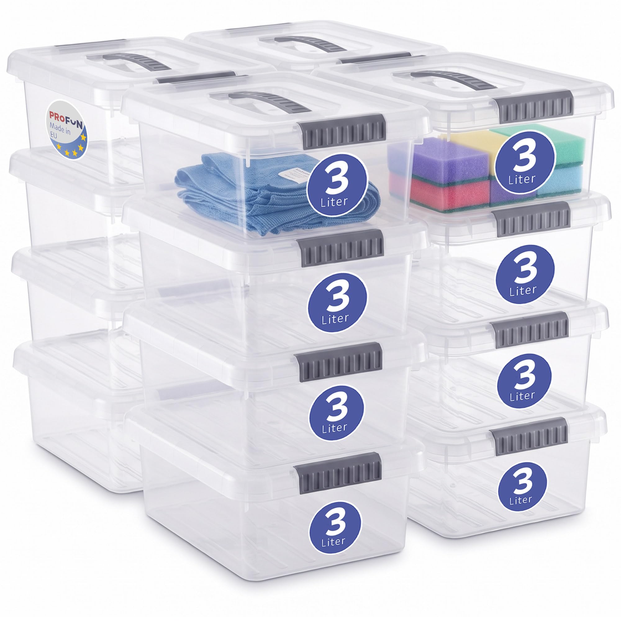 PROFUN Caja de almacenamiento con tapa de 3 litros – Pequeña caja de plástico con tapa – Cajas apilables – Cajas y cajas de almacenamiento con tapa – Juego de 16 unidades
