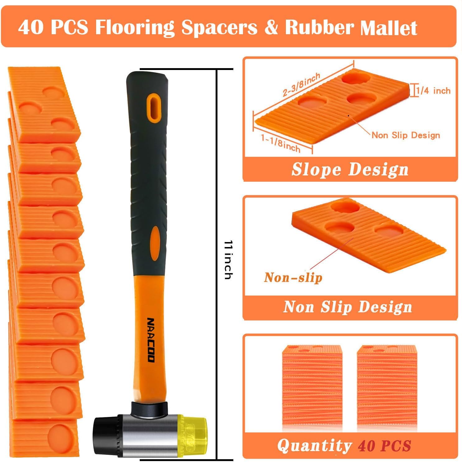 NAACOO Laminate/Vinyl Flooring Tools, Heavy Tapping Block for Vinyl Plank Floor - Knock 1-2 Times, Heavy Pull Bar, 40pc Flooring Spacers, Rubber Mallet - 4 in 1 Floor Installation Kit