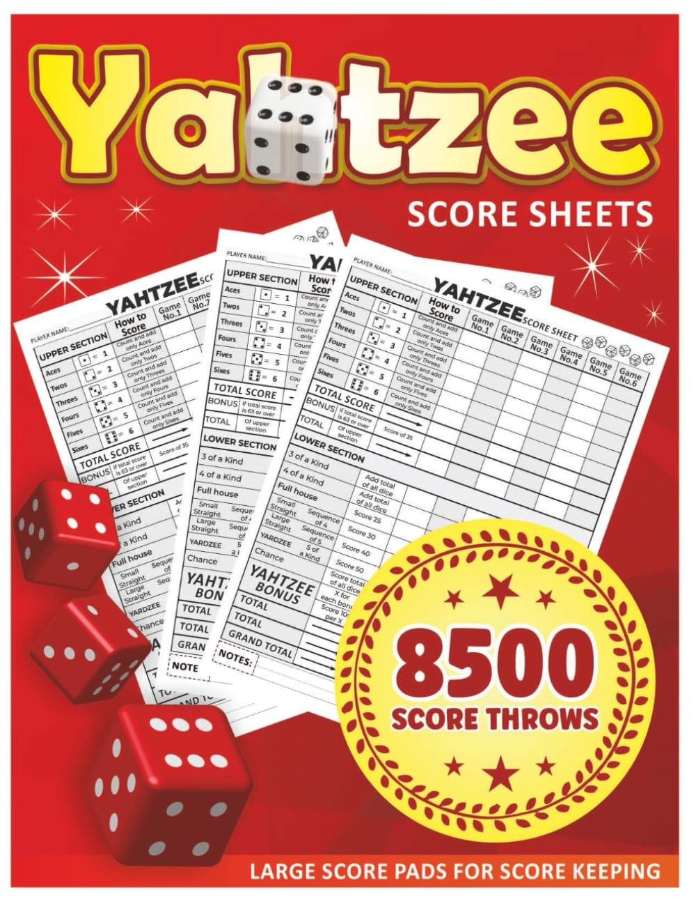 Yatzee Score Pads: Large Print Score Sheets with Size 8.5 x 11 inches for Scorekeeping