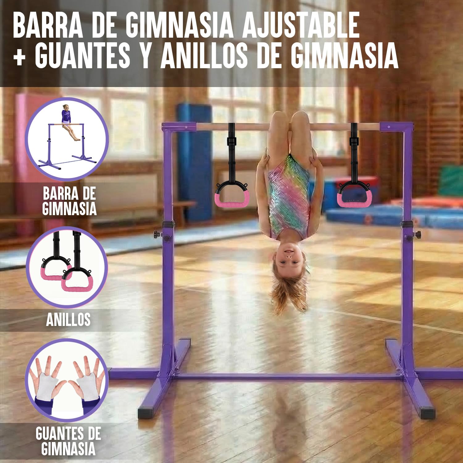 Gym Bar Barra Gimnasia Infantil Violeta Anillas Rosas 13 Niveles Ajustables 90-150 cm Acero Madera Haya Correas Antideslizantes Fitness