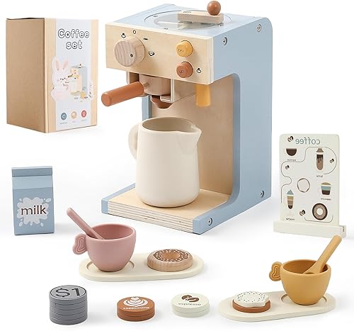 Miniatura 9 de EERKEOD Cafetera de juguete para niños, cafetera de madera para niños, juego para niños pequeños, accesorios de cocina, regalo para niñas y niños