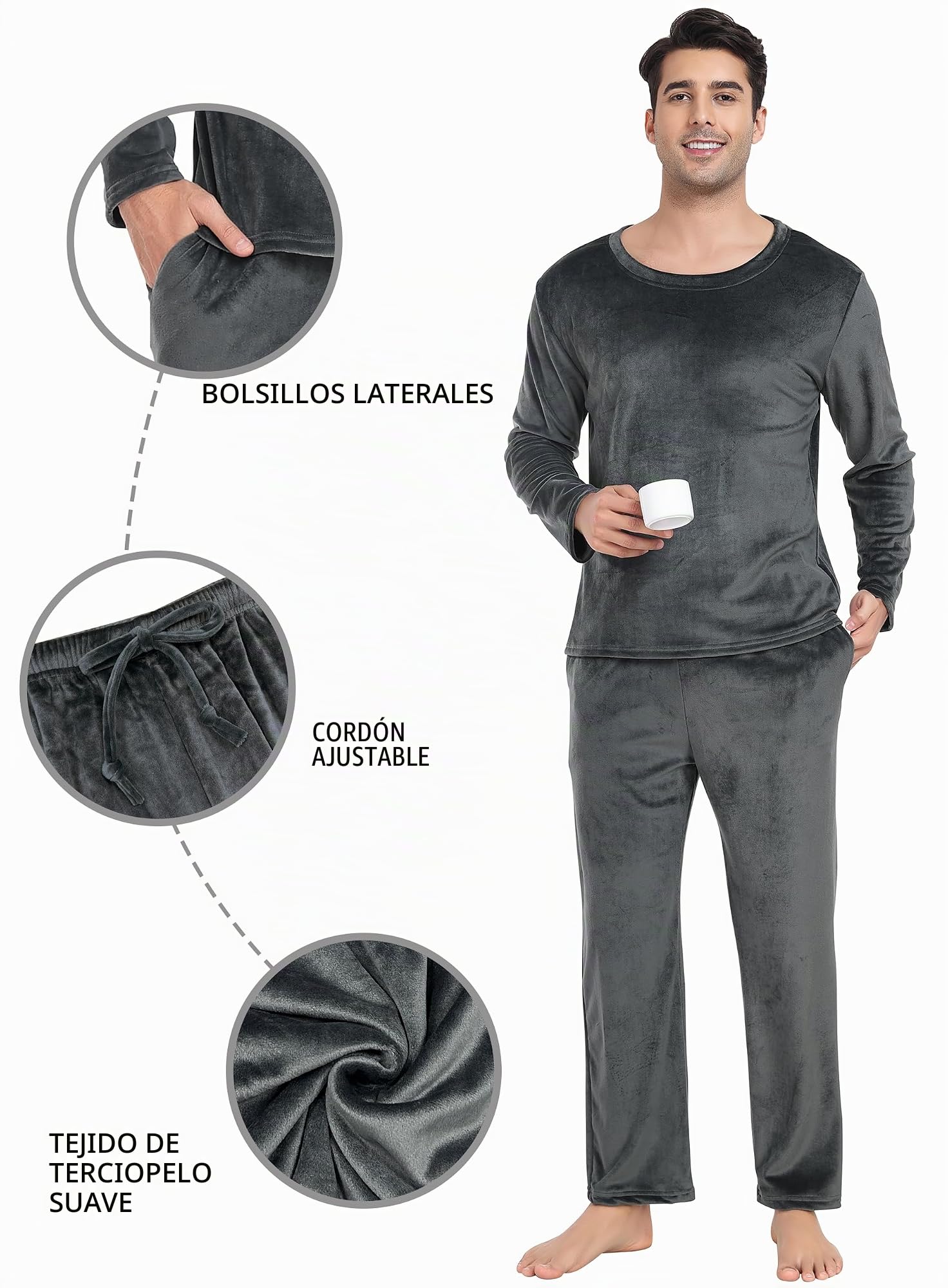 Lovasy Pijama Hombre Invierno Terciopelo Polar Conjunto Mangas Largas Cálida Pijamas con Bolsillos