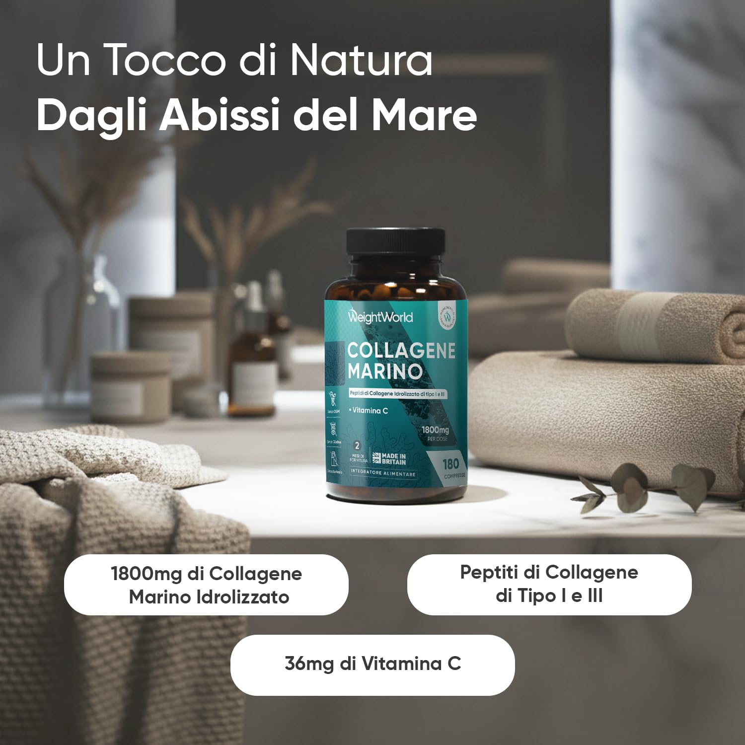 Collagene Marino Idrolizzato 1800mg + Acido Ialuronico 600mg Bundle | 180 Compresse + 120 Capsule, Peptidi di Collagene Tipo I e III con Vitamina C, Acido Ialuronico Integratore, 500-700 kDa, GMP