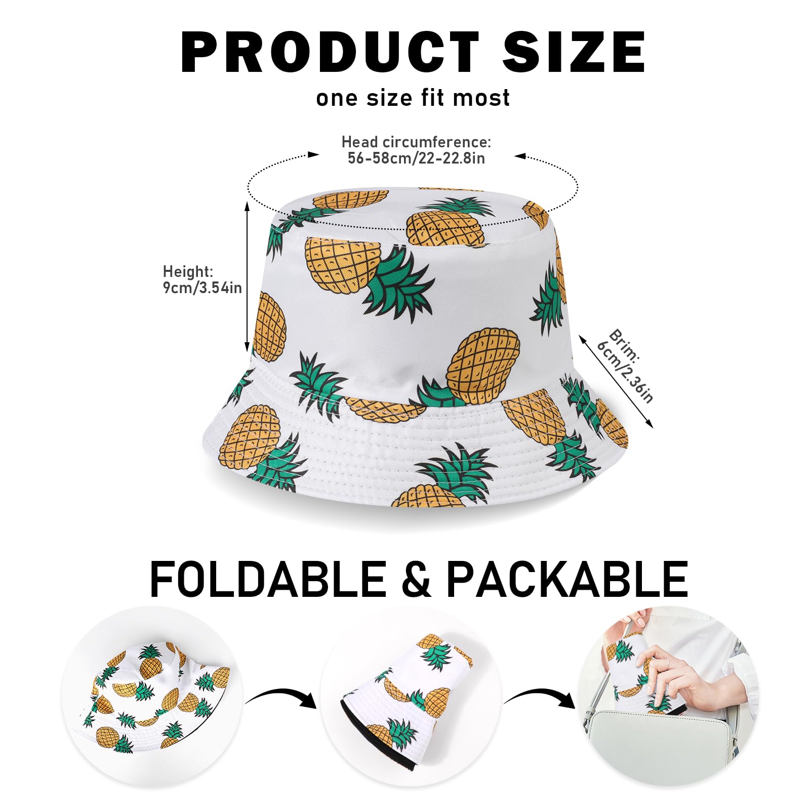 Mujer Sombrero de Pescador Reversible Algodón Bucket Hat, Protección UV Frutas Impresión Vacaciones Sombrero de Sol Ligera Gorra de Pesca, Plegable Verano Gorros de Playa para Viaje Fiesta