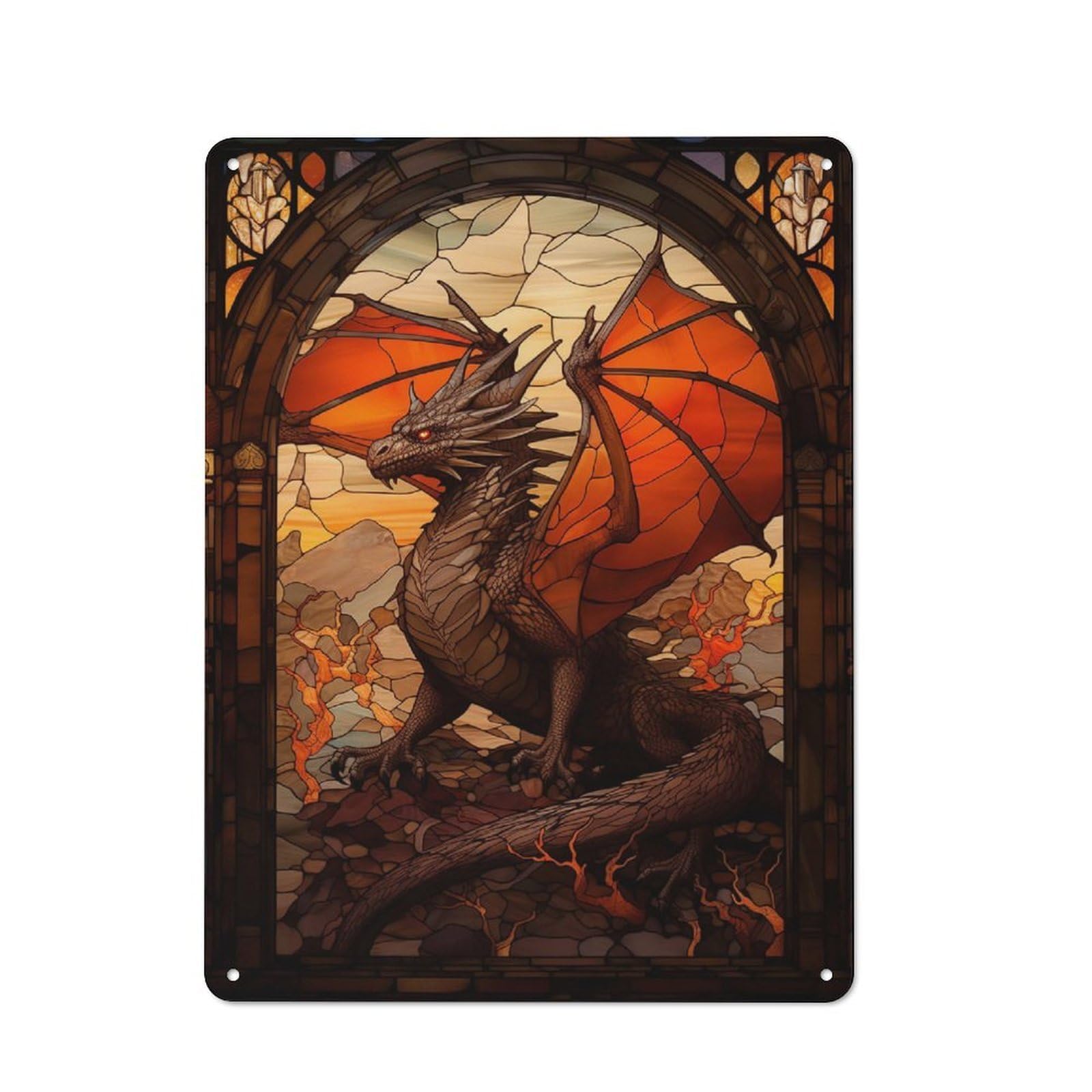 Junmoney Style-19 Retro Metal Wall Sign 40X30cm With Dragon In A Glass For Hallway Wall, Suited To Hallway Decor Lovers