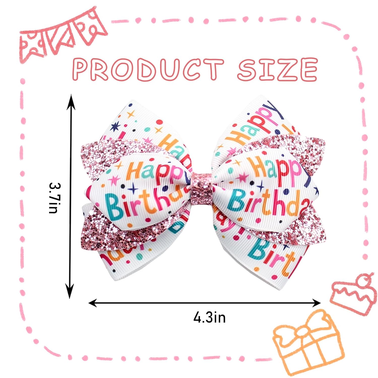 4" Happy Birthday Hair Bows Clips for Baby Girls Sparkly Pink Sequin Cheer Barrettes Pins for Teens Toddler Women Ice Cream Party Outfit Dress Decor Accessory Gift
