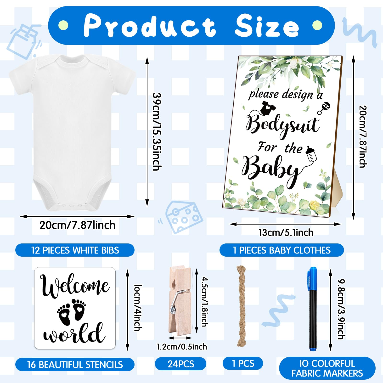 Silicherry 64 Pcs Baby Shower Games Bodysuit Design Games Include 1 Game Wooden Sign 12 Newborn Bodysuit 10 Fabric Markers 24 Clothespins 16 Stencils 1 Rope for Baby Shower Gender Reveal (Greenery)