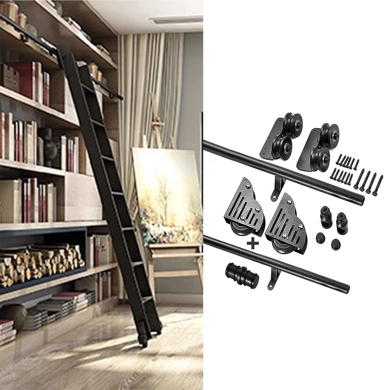 Kit de matériel d'échelle coulissante en tube rond noir pour bibliothèque à roulettes