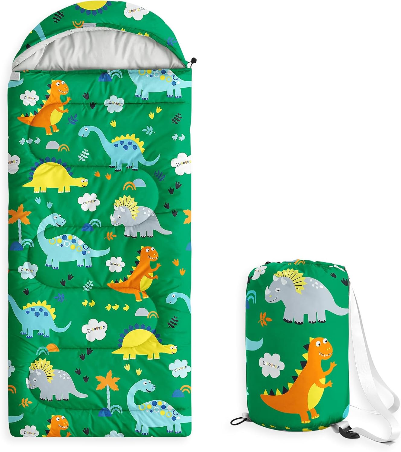 Wake In Cloud - Kids Sleeping Bag for Boys Toddlers, Camping in Warm Cold Weather, Backpacking Lightweight Compact Outdoor Liner for 3 Seasons, Cartoon Jurassic Dinosaur