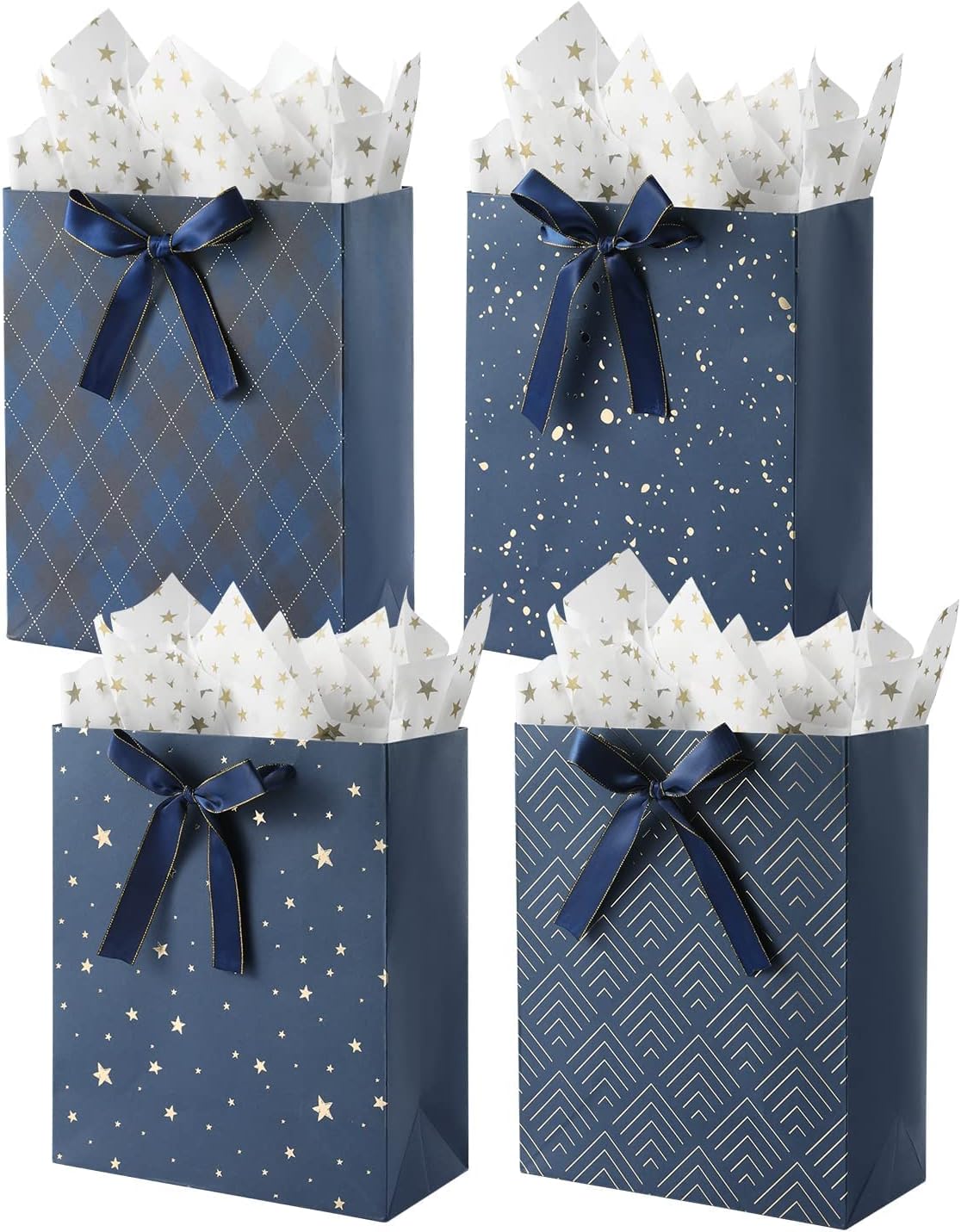 KomoLeay 4 Pack 9" Medium Size Gift Bags Assorted Premium Blue Gift Bags with Tissue Paper Use for Birthdays, Baby Shower,weddings,Party Favor, Holiday Presents-7" X 4" X 9"