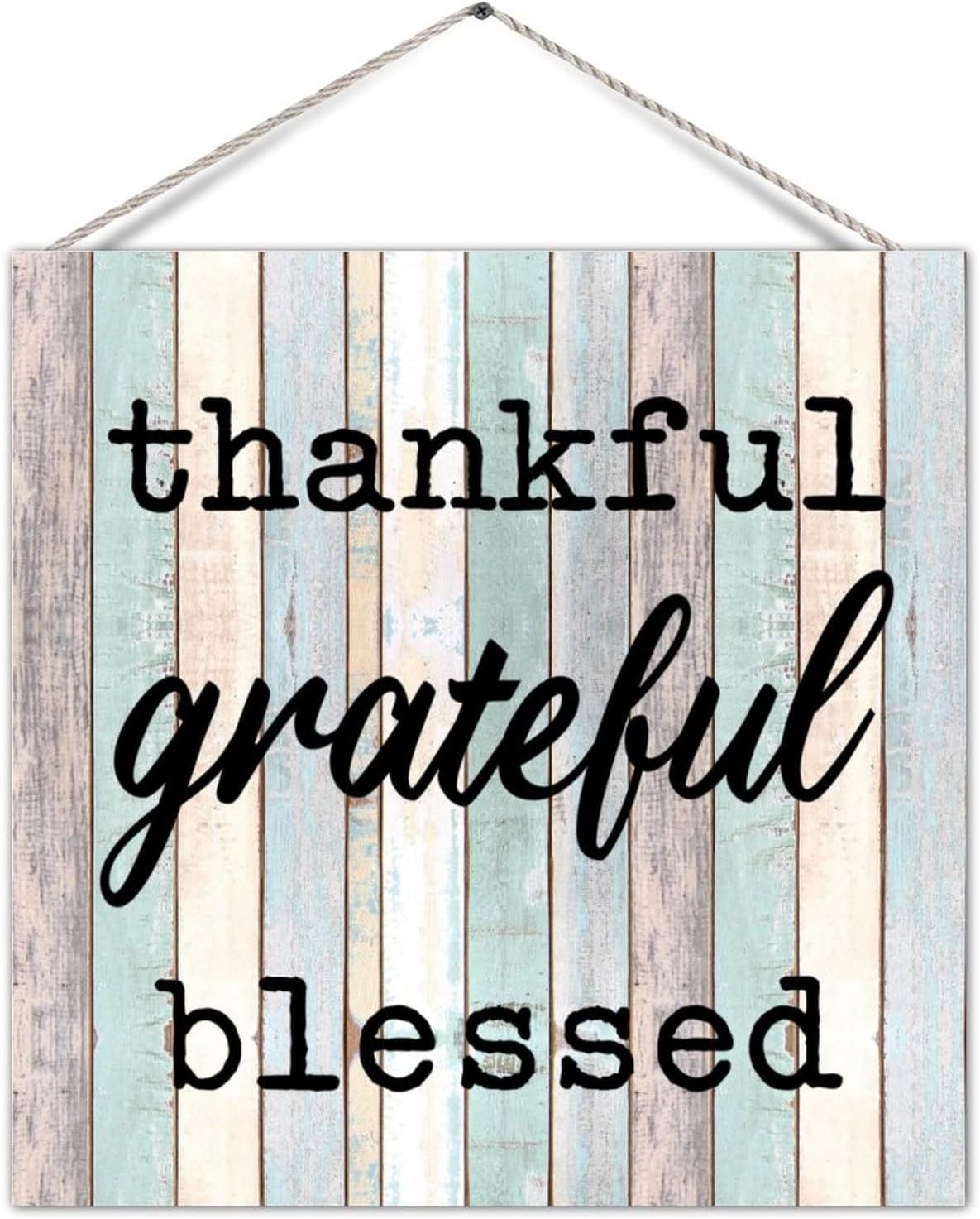 Wood Sign Thankful Grateful Blessed Antique Rustic Wooden Wall Pediment with Rope Inspirational Wooden Plank Hanging Plaque Home Sign for Deck Cabin Decorations 12in