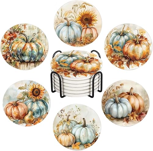 Juego de 6 posavasos para bebidas, diseño de calabazas de acuarela vintage de otoño, tapete redondo absorbente de piedra de cerámica, con base de