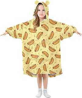 JHKKU Hot Dogs Wearable Blankets for Kids, Oversized Flannel Blanket Hoodie for Kids, Warm Blanket Hoodie for Boys Girls with Pockets