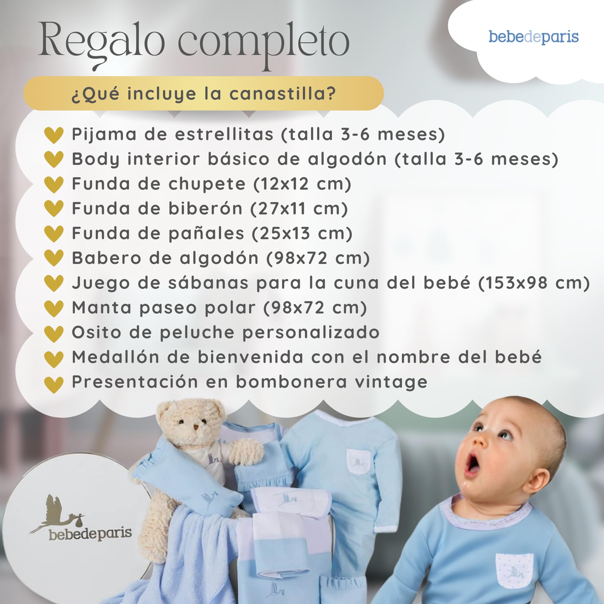 BebeDeParis | Originelle Geschenke für Neugeborene | Klassisches Geschenk für Babys | Personalisierte Geschenkkorb | 3-6 Monate (Blau)