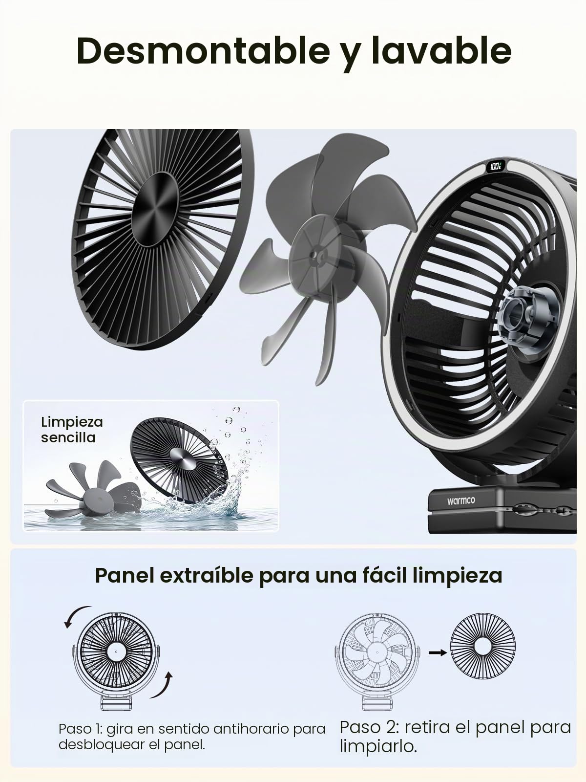 Warmco Ventilador portátil de clip de 15000 mAh recargable, ventilador de escritorio alimentado por batería de 20 cm, linterna LED y gancho, rotación de 360° y 4 velocidades, fuerte flujo de aire para