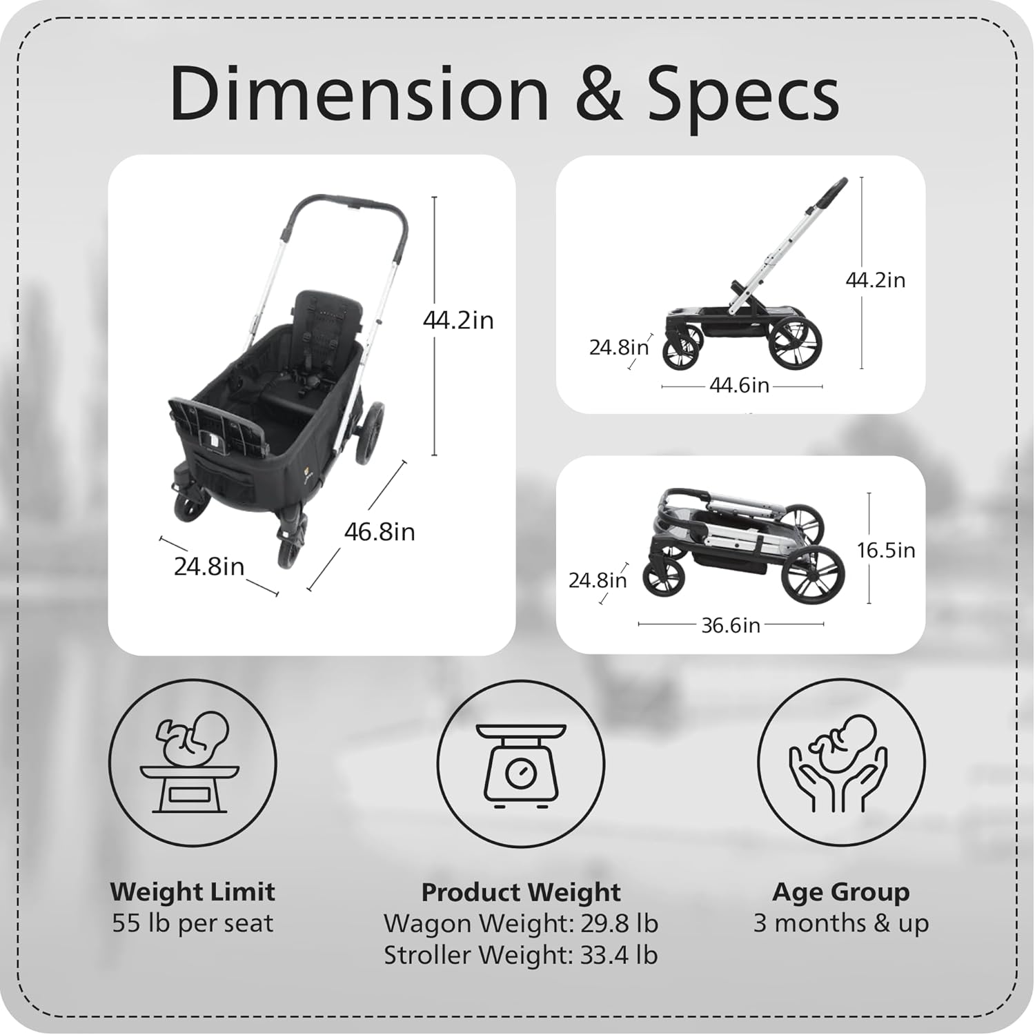 Unilove Trio Trolly Wagon Stroller - Collapsible Folding Stroller Wagon for 2 Kids with Canopy and Secure 5-Point Adjustable Harness