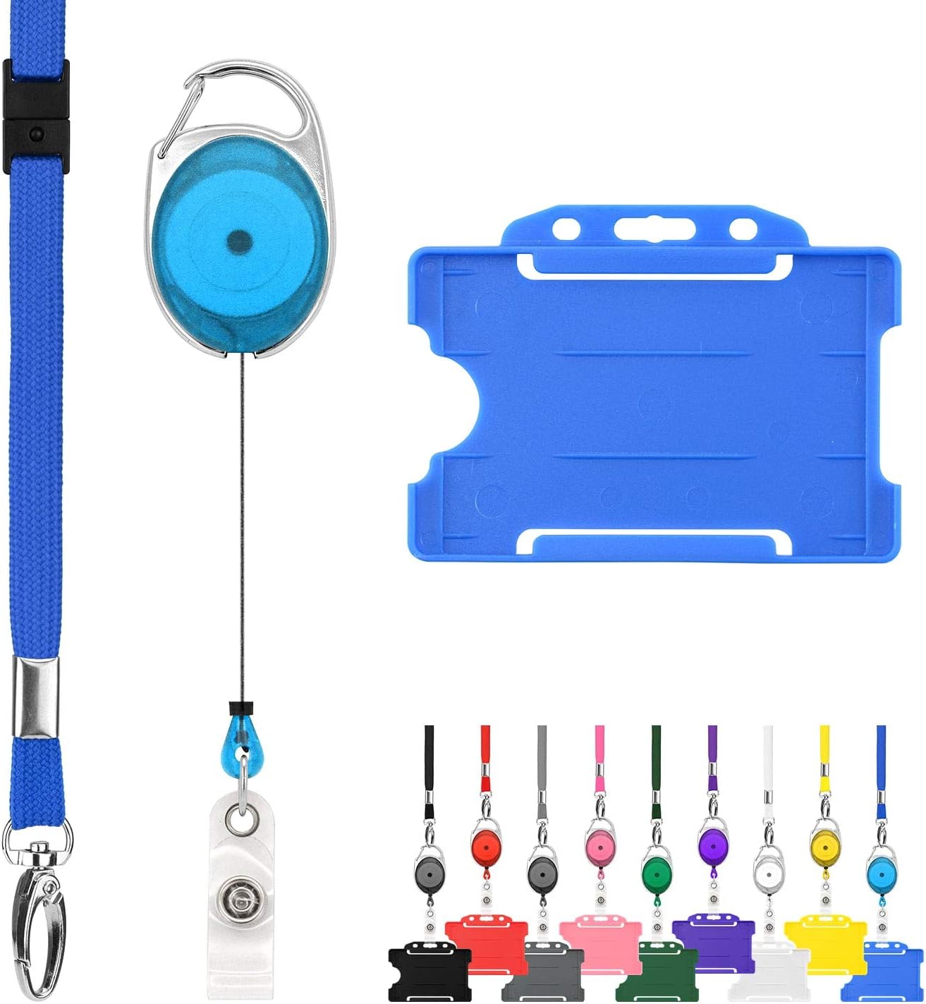 Retractable Lanyard and Badge Holder Trio Triple Pack by LanyardsTomorrow - Set Includes A Single Plain Lanyard, Extendable Carabiner Yoyo Reel Clip and Rigid ID Card Holder (Blue)