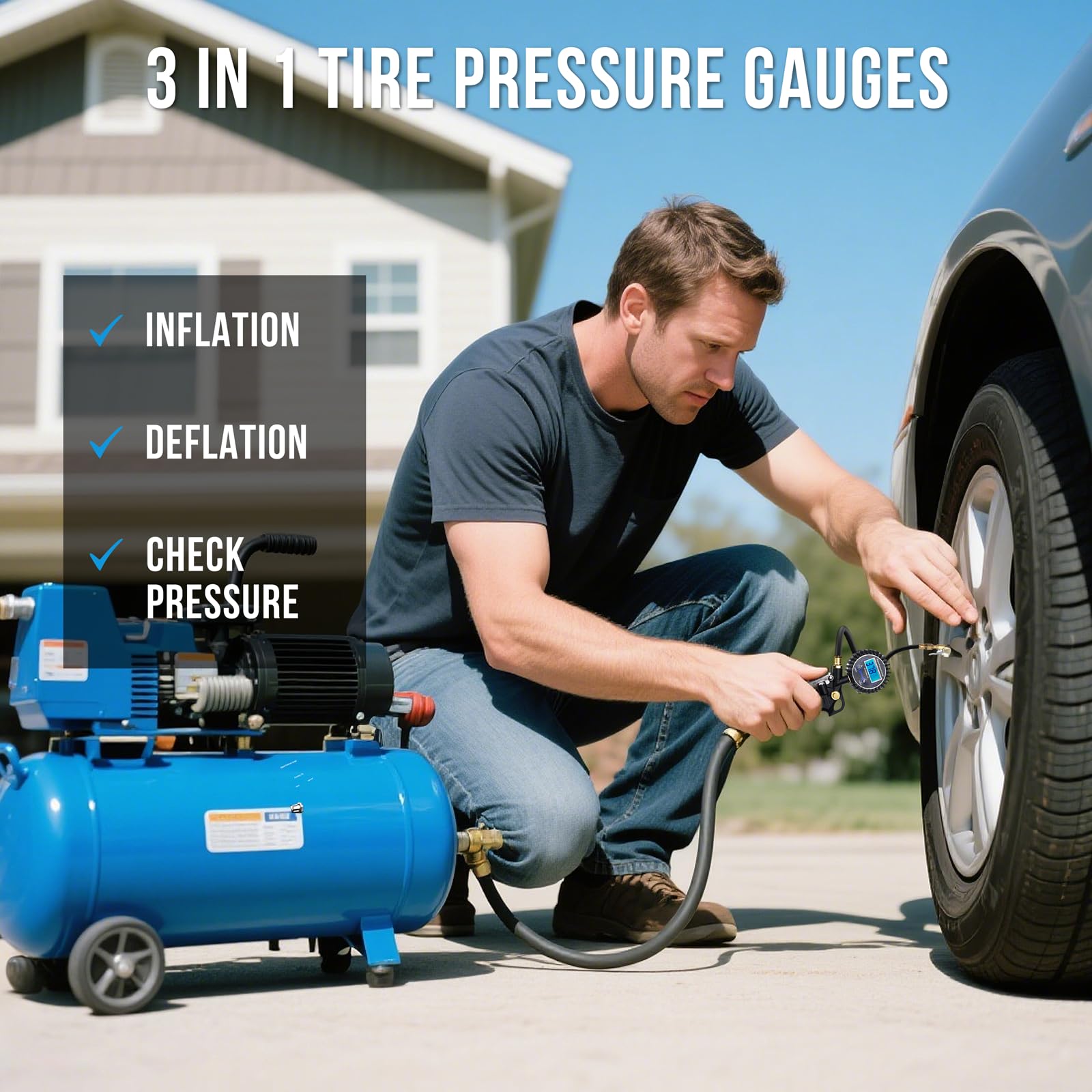 DigitPro Digital Tire Pressure Gauge with Inflator, 3-250 PSI Air Compressor Accessories with Air Chuck Quick Connect Coupler, Car Attachments with Rubber Hose for Car, Truck, SUV, Cycle, RV