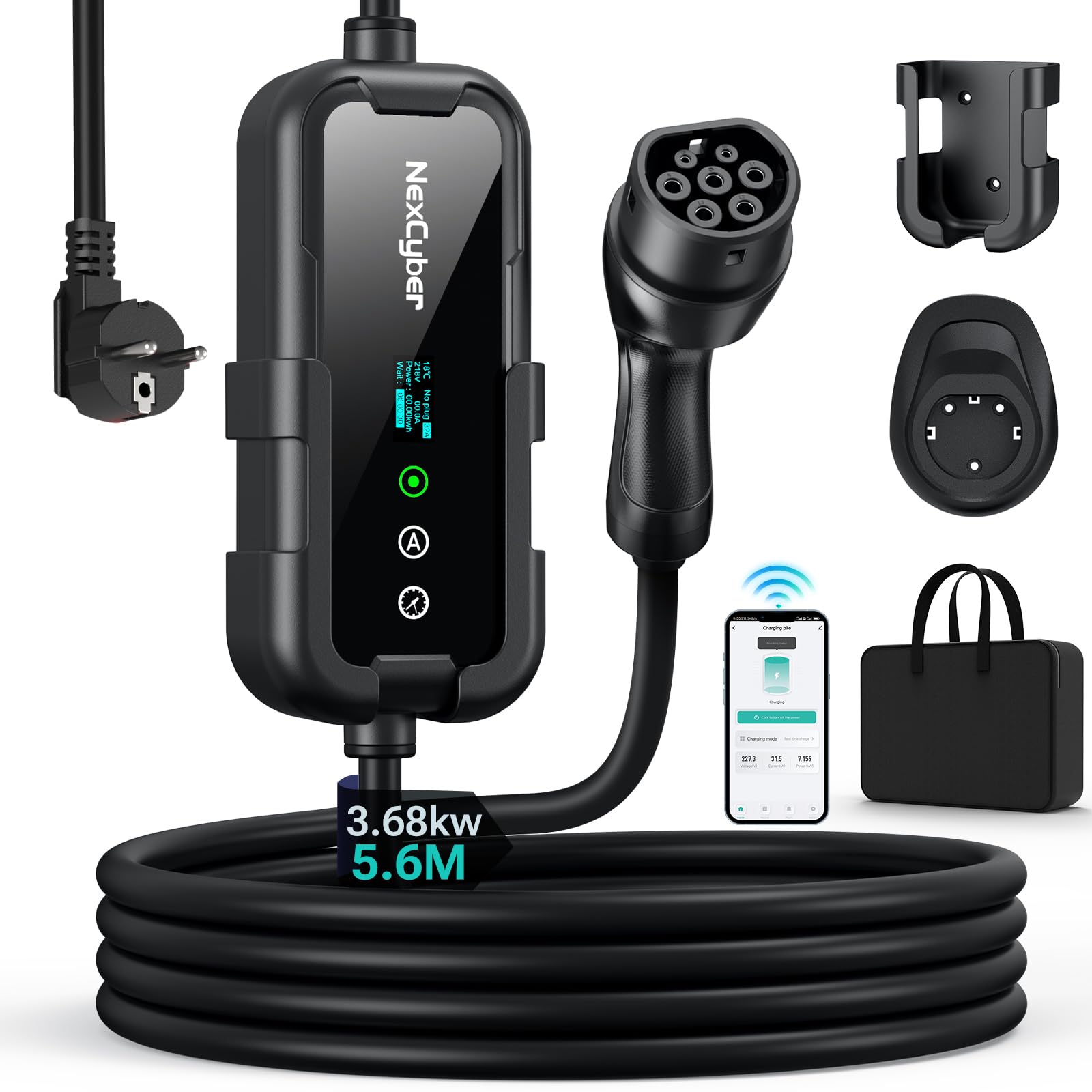 Chargeur Voiture Electrique 3.68kW Mobile avec App & OLED, 5,6M monophasé 230V, 8-16A réglable, Prise CEE 20A 2 pôles IP66+FI, Type 2, Mural & Portable, pour Model 3/Y, ID.3, etc. BEV/PHEV